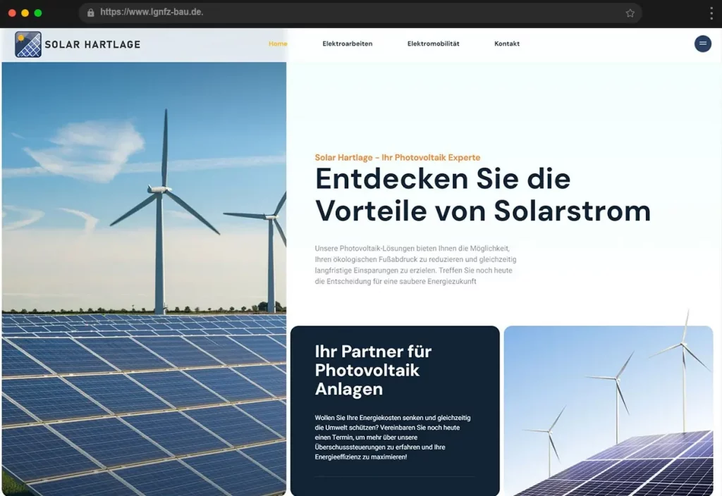 Projektübersicht des Webdesigns für Solar Hartlage, erstellt von Nick Webdesign.